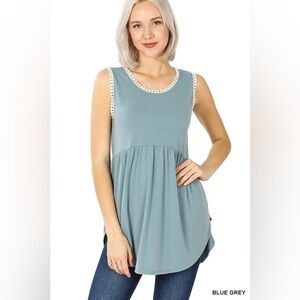Zenana Blue Gray Sleeveless Tunic Tank Top Lace Trim